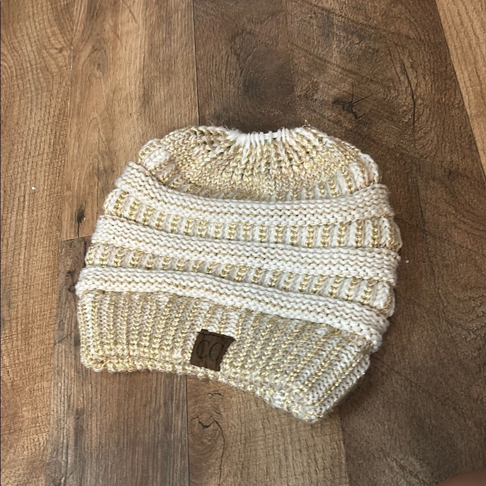 CC Cream and Gold Knit Beanie With Elastic Ponytail Hole